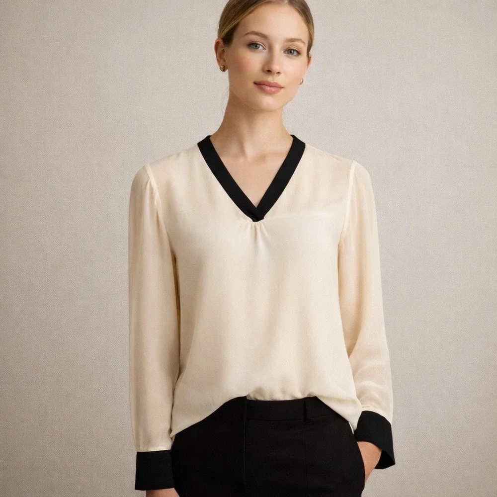 Tory Burch Silk Blouse Sz 4 Ivory Sheer V Neck Minimalist Quiet Luxury Preowned
